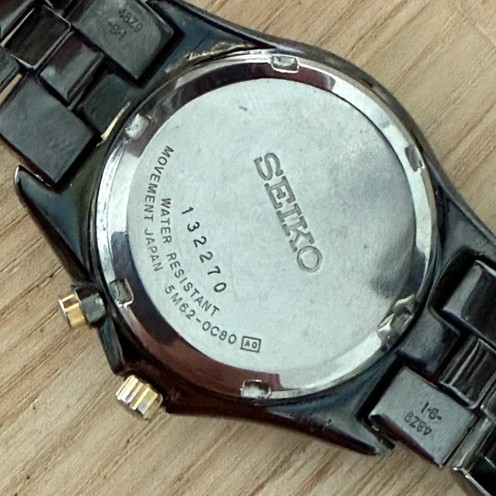 Seiko Kinetic Automatic Vintage Men’s Watch Two-Tone Bracelet Case Black Dial